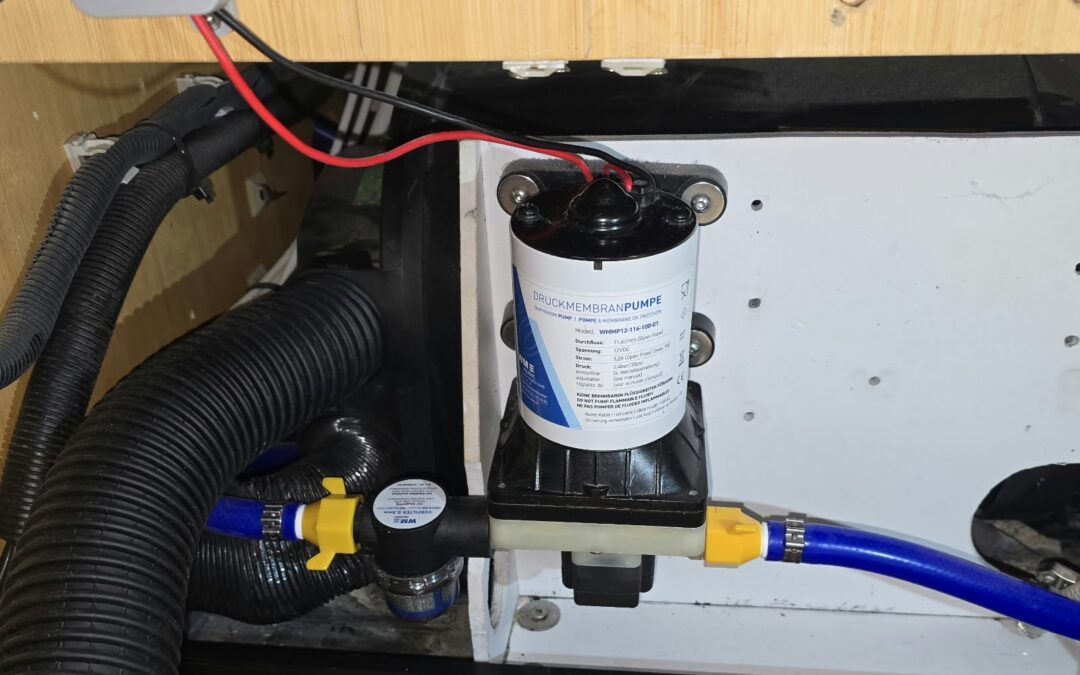 WM-Aquatec-Druckpumpe mit Vorfilter und Absperrhähnen im Camper eingebaut